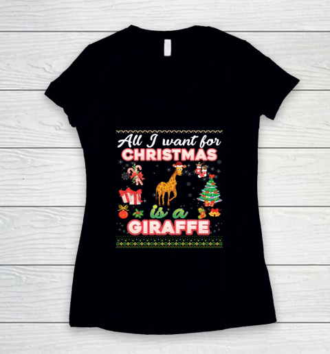 All I Want For Christmas Is A Giraffe Ugly Farmer Women's V-Neck T-Shirt