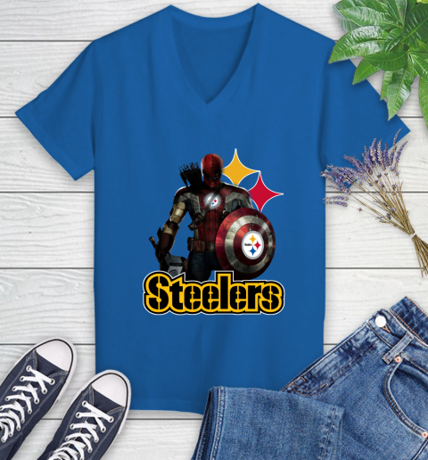 NFL Captain America Thor Spider Man Hawkeye Avengers Endgame Football Pittsburgh Steelers Women's V-Neck T-Shirt 10
