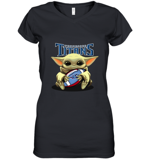 Baby Yoda Loves The Tennessee Titans vdoi baby yoda loves the tennessee titans women v neck t shirt 39 front black