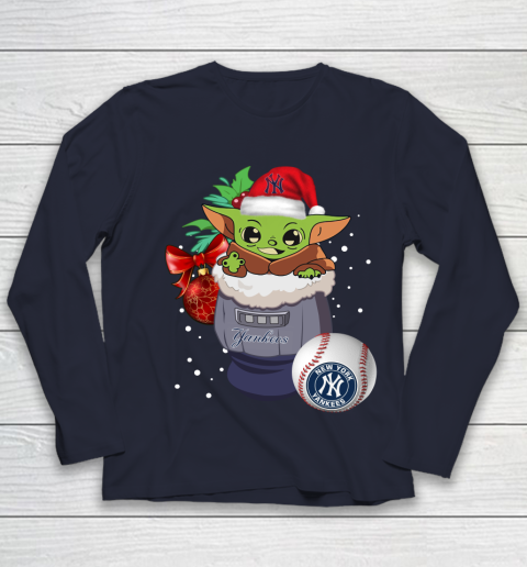 New York Yankees Christmas Baby Yoda Star Wars Funny Happy MLB Youth Long Sleeve 3