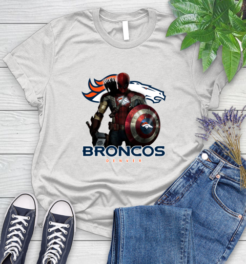 NFL Captain America Thor Spider Man Hawkeye Avengers Endgame Football Denver Broncos Women's T-Shirt
