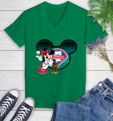 MLB Philadelphia Phillies The Commissioner's Trophy Mickey Mouse Disney Women's V-Neck T-Shirt 5