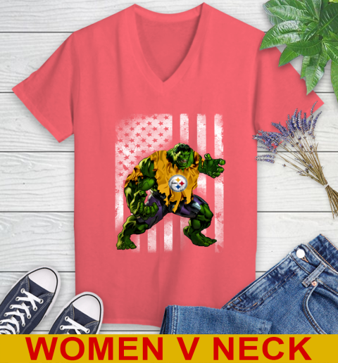 Pittsburgh Steelers Hulk Marvel Avengers NFL Football American Flag Women's V-Neck T-Shirt - Image 7