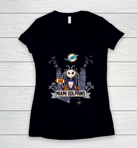 NFL Miami Dolphins Football Jack Skellington Halloween Women's V-Neck T-Shirt