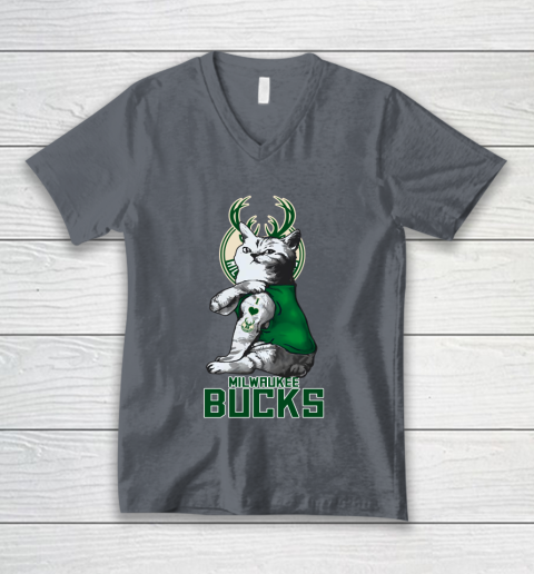 NBA Basketball My Cat Loves Milwaukee Bucks V-Neck T-Shirt 4