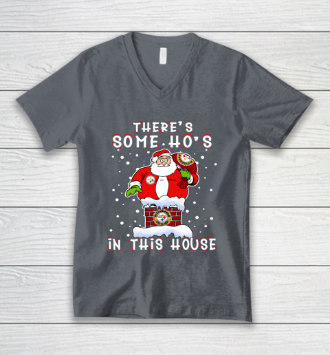 Pittsburgh Steelers Christmas There Is Some Hos In This House Santa Stuck In The Chimney NFL V-Neck T-Shirt 4