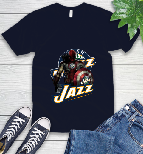 Utah Jazz NBA Basketball Captain America Thor Spider Man Hawkeye Avengers V-Neck T-Shirt 3