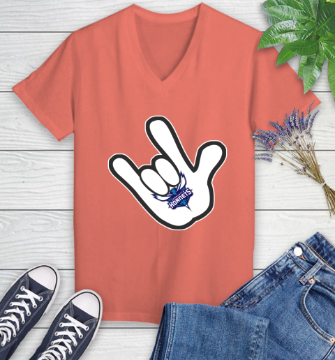 Charlotte Hornets NBA Basketball Mickey Rock Hand Disney Women's V-Neck T-Shirt 6