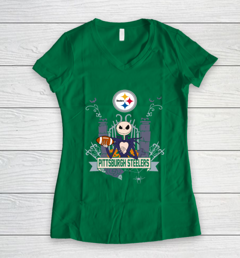 NFL Pittsburgh Steelers Football Jack Skellington Halloween Women's V-Neck T-Shirt 3