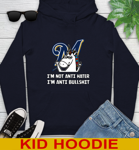 Milwaukee Brewers MLB Baseball Unicorn I'm Not Anti Hater I'm Anti Bullshit Youth Hoodie 4