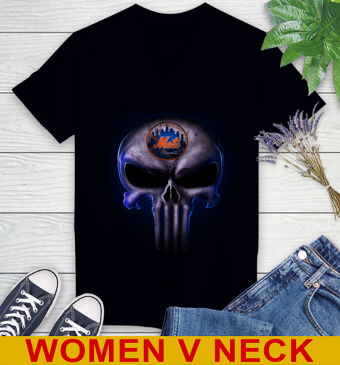 New York Mets MLB Baseball Punisher Skull Sports Women's V-Neck T-Shirt