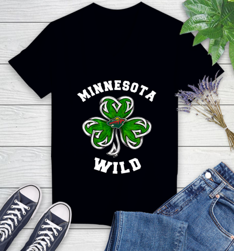 NHL Minnesota Wild Three Leaf Clover St Patrick's Day Hockey Sports Women's V-Neck T-Shirt