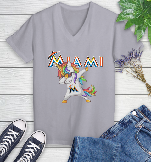 Miami Marlins MLB Baseball Funny Unicorn Dabbing Sports Women's V-Neck T-Shirt 4