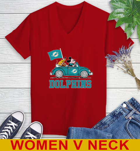 NFL Football Miami Dolphins Pluto Mickey Driving Disney Shirt Women's V-Neck T-Shirt 12
