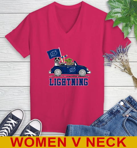 NHL Hockey Tampa Bay Lightning Darth Vader Baby Yoda Driving Star Wars Shirt Women's V-Neck T-Shirt 10