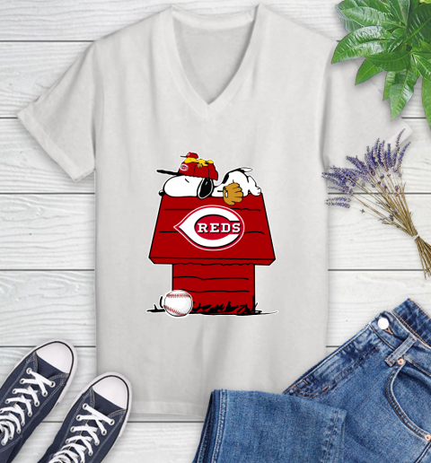 MLB Cincinnati Reds Snoopy Woodstock The Peanuts Movie Baseball T Shirt Women's V-Neck T-Shirt