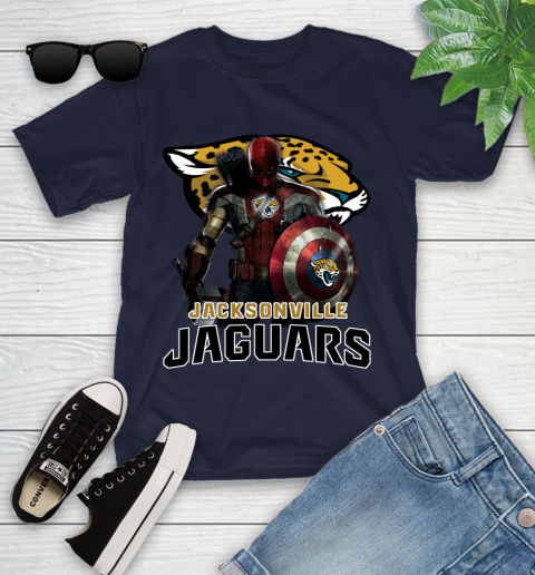 NFL Captain America Thor Spider Man Hawkeye Avengers Endgame Football Jacksonville Jaguars Youth T-Shirt 3