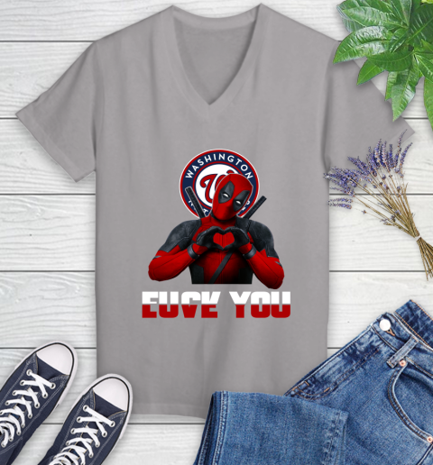 MLB Washington Nationals Deadpool Love You Fuck You Baseball Sports Women's V-Neck T-Shirt 4