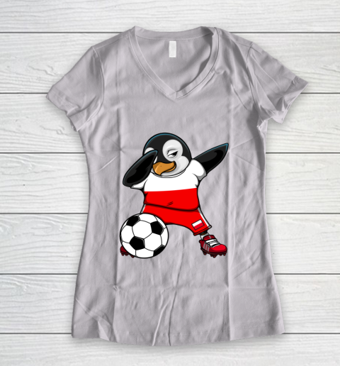 Dabbing Penguin Poland Soccer Fans Jersey Football Lovers Women's V-Neck T-Shirt