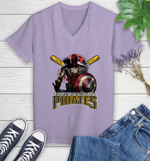 MLB Captain America Thor Spider Man Hawkeye Avengers Endgame Baseball Pittsburgh Pirates Women's V-Neck T-Shirt 14