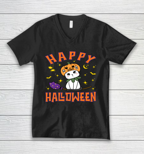 Halloween Shirt For Women and Cat Happy Halloween Cat Pumpkin Cute Kitten Witch Kawaii Neko V-Neck T-Shirt