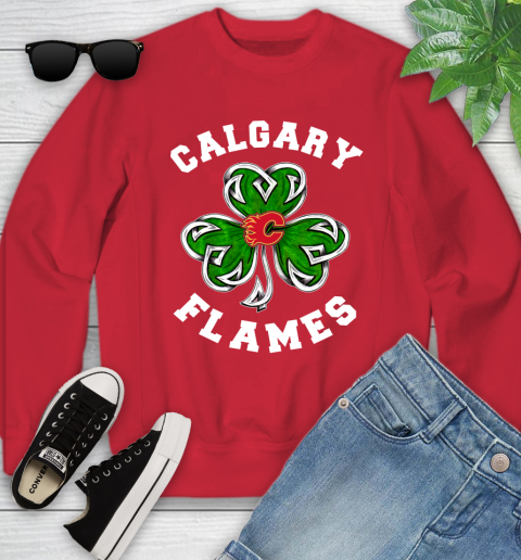 NHL Calgary Flames Three Leaf Clover St Patrick's Day Hockey Sports Youth Sweatshirt 8