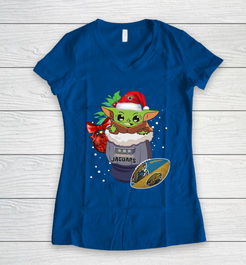 Jacksonville Jaguars Christmas Baby Yoda Star Wars Funny Happy NFL Women's V-Neck T-Shirt 9