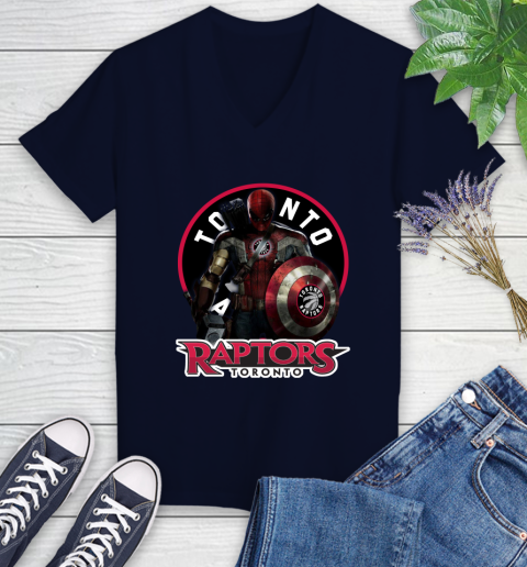 Toronto Raptors NBA Basketball Captain America Thor Spider Man Hawkeye Avengers Women's V-Neck T-Shirt 3