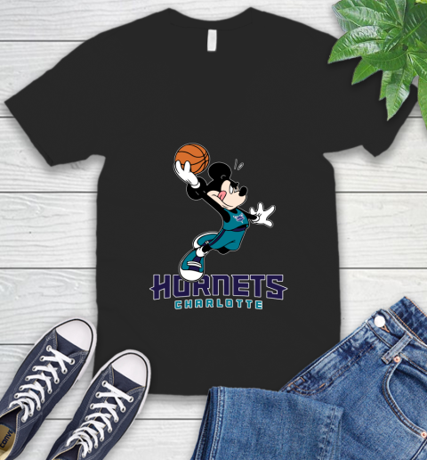 NBA Basketball Charlotte Hornets Cheerful Mickey Mouse Shirt V-Neck T-Shirt