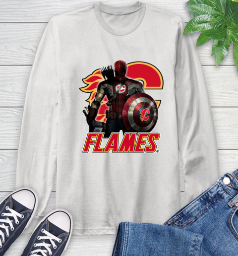 NHL Captain America Thor Spider Man Hawkeye Avengers Endgame Hockey Calgary Flames Long Sleeve T-Shirt