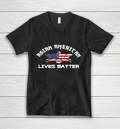 Asian American Lives Matter US Flag Lotus Flower Stop Hate V-Neck T-Shirt
