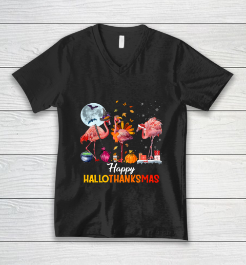 Flamingo Halloween And Merry Christmas Happy Hallothanksmas V-Neck T-Shirt