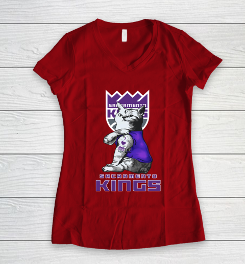 NBA Basketball My Cat Loves Sacramento Kings Women's V-Neck T-Shirt 8