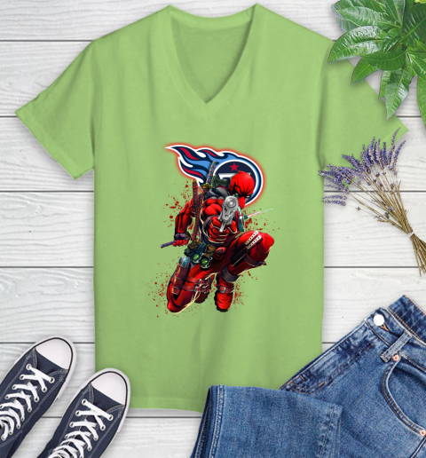 NFL Deadpool Marvel Comics Sports Football Tennessee Titans Women's V-Neck T-Shirt 11