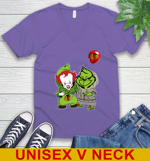 Chicago Blackhawks Baby Pennywise Grinch Christmas NHL Hockey V-Neck T-Shirt 9