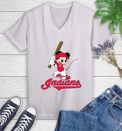 MLB Baseball Cleveland Indians Cheerful Mickey Mouse Shirt Women's V-Neck T-Shirt 2