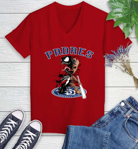 MLB San Diego Padres Baseball Venom Groot Guardians Of The Galaxy Women's V-Neck T-Shirt 12
