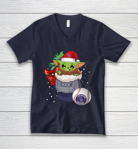 Colorado Rockies Christmas Baby Yoda Star Wars Funny Happy MLB V-Neck T-Shirt 3