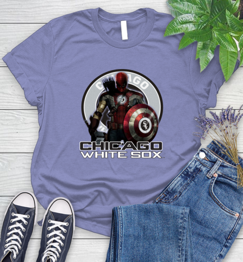 MLB Captain America Thor Spider Man Hawkeye Avengers Endgame Baseball Chicago White Sox Women's T-Shirt 11