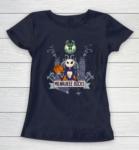 NBA Milwaukee Bucks Basketball Jack Skellington Halloween Women's T-Shirt 2