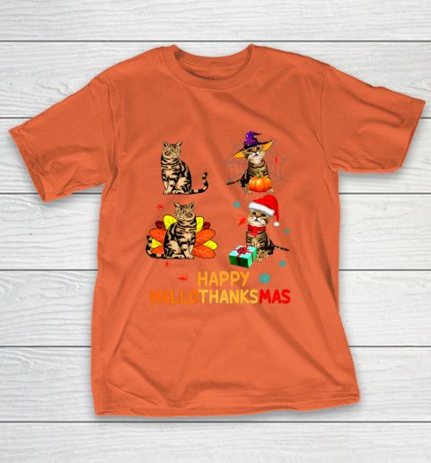 Cat Halloween Thanksgiving Christmas Happy Hallothanksmas T-Shirt 4