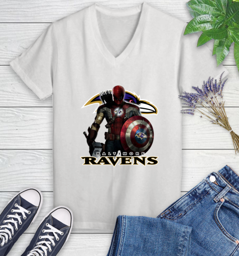 NFL Captain America Thor Spider Man Hawkeye Avengers Endgame Football Baltimore Ravens Women's V-Neck T-Shirt