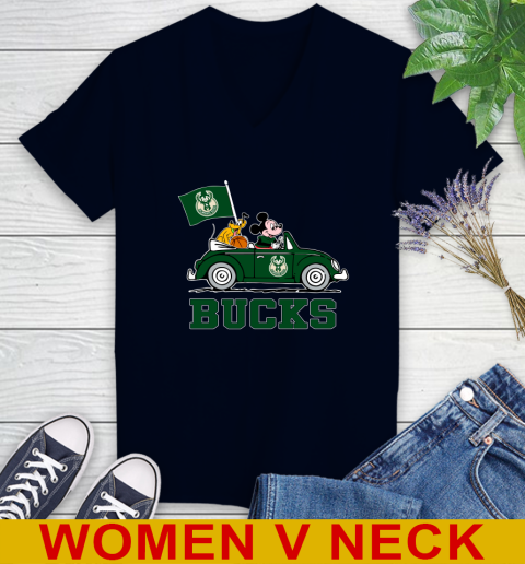 NBA Basketball Milwaukee Bucks Pluto Mickey Driving Disney Shirt Women's V-Neck T-Shirt 3