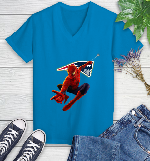NFL Spider Man Avengers Endgame Football New England Patriots Women's V-Neck T-Shirt 7