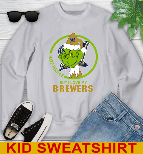 Milwaukee Brewers MLB Christmas Grinch I Hate People But I Love My Favorite Baseball Team Youth Sweatshirt 4