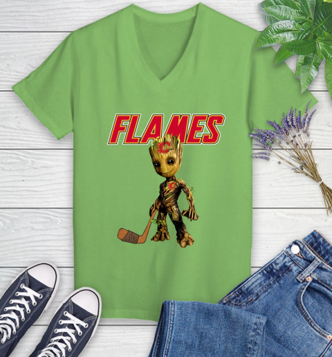 Calgary Flames NHL Hockey Groot Marvel Guardians Of The Galaxy Women's V-Neck T-Shirt 11
