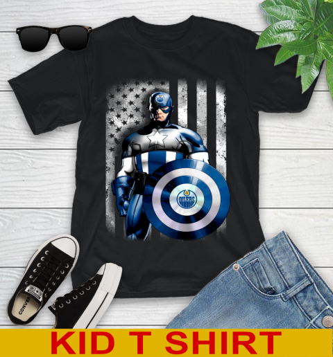 Edmonton Oilers NHL Hockey Captain America Marvel Avengers American Flag Shirt Youth T-Shirt