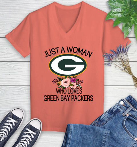 NFL Just A Woman Who Loves Green Bay Packers Football Sports Women's V-Neck T-Shirt 3