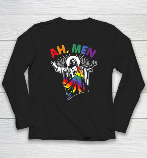 Ah Men Funny LGBT Gay Pride Jesus Rainbow Flag Christian Long Sleeve T-Shirt