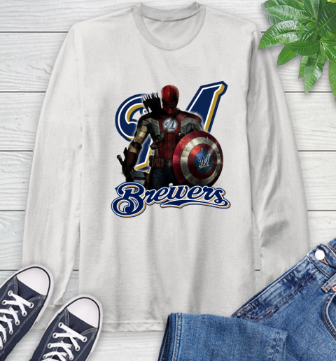 MLB Captain America Thor Spider Man Hawkeye Avengers Endgame Baseball Milwaukee Brewers Long Sleeve T-Shirt